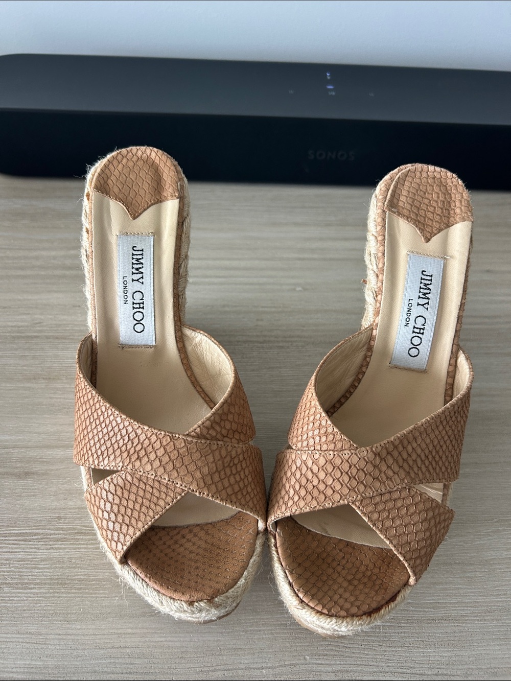 Jimmy Choo Tan Textured Leather Espadrille Platform Sandals